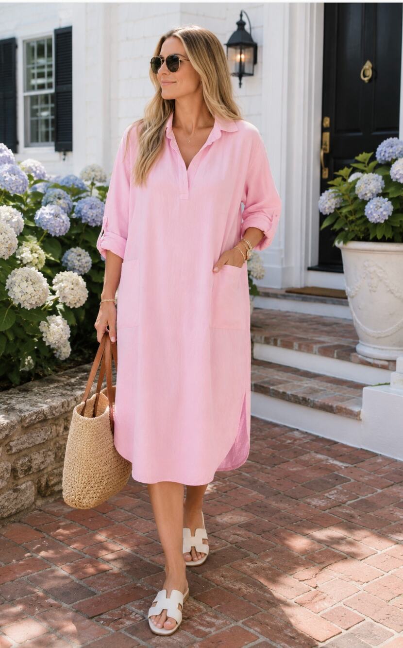 Pink Linen Blend Midi Shirt Dress Roll Tab Sleeve Pockets Coastal Medium